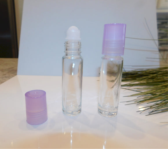 1/3 Ounce Clear Roll-On Bottle with Lavender Cap - 4 Pack